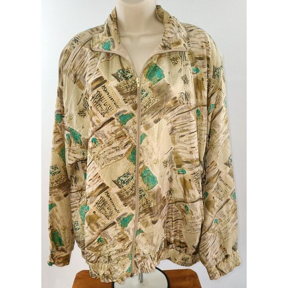 Oleg Cassini Vintage Designer Full Zip 100% Silk Beige Lined Jacket Women's M - Picture 1 of 6